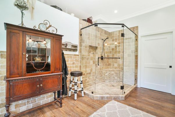 Bathroom, Glass Shower, Interior, Recessed Lighting, Wood Texture Flooring