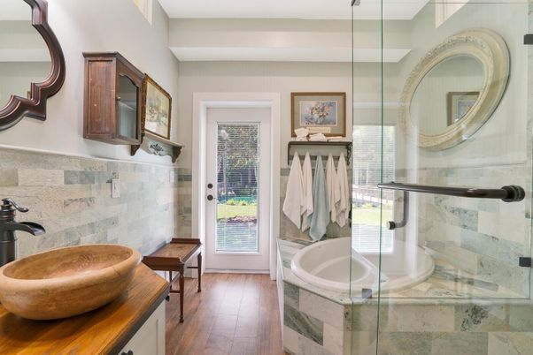 Bathroom, Glass Shower, Interior, Wood Texture Flooring
