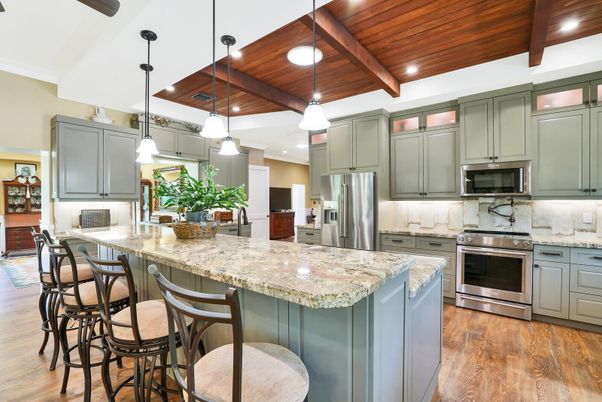 Interior, Kitchen, Pendant Lights, Recessed Lighting, Stainless Steel Appliances, Wooden Beams, Wooden Ceilings, Wood Texture Flooring