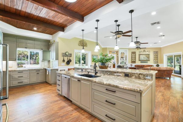 Interior, Kitchen, Pendant Lights, Recessed Lighting, Stainless Steel Appliances, Wooden Beams, Wooden Ceilings, Wood Texture Flooring
