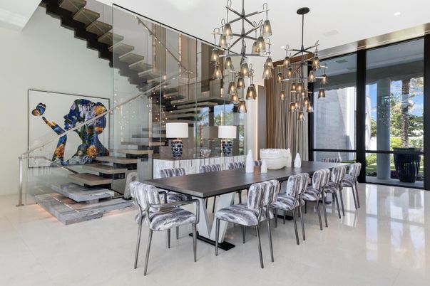 Dining room, Interior, Pendant Lights, Wood Texture Flooring