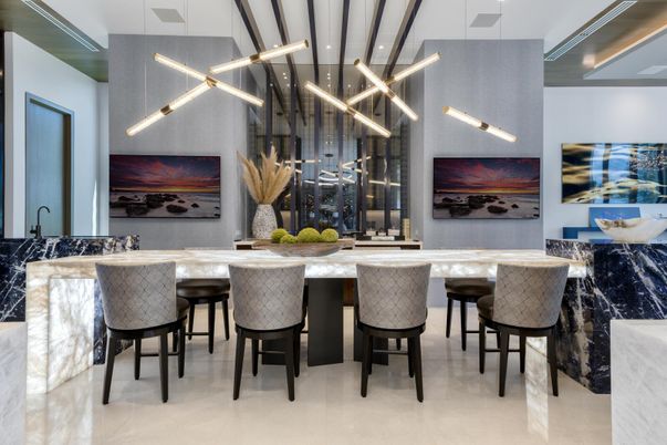 Interior, Kitchen, Marble Walls, Pendant Lights, Recessed Lighting