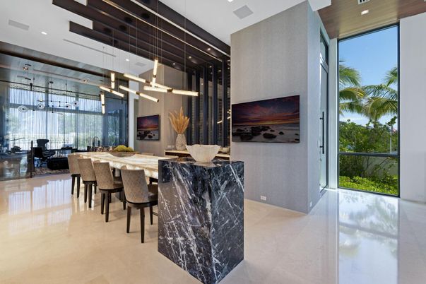 Interior, Kitchen, Marble Walls, Pendant Lights, Recessed Lighting