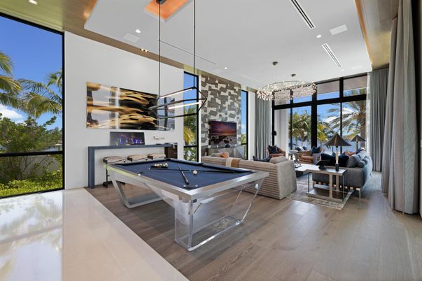 Billiard Table, Game Room, Interior, Living room, Pendant Lights, Recessed Lighting, Wood Texture Flooring