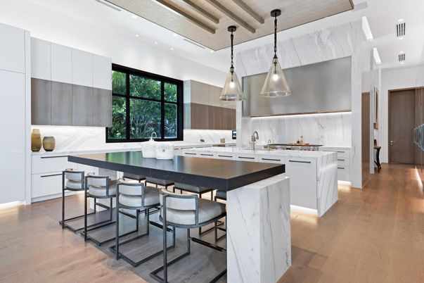 Interior, Kitchen, Marble Walls, Pendant Lights, Recessed Lighting, Stainless Steel Appliances, Wood Texture Flooring