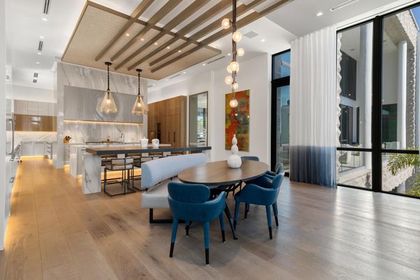 Dining room, Interior, Living room, Pendant Lights, Recessed Lighting, Wood Texture Flooring
