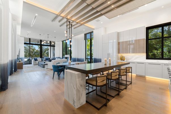 Dining room, Interior, Living room, Pendant Lights, Recessed Lighting, Wood Texture Flooring