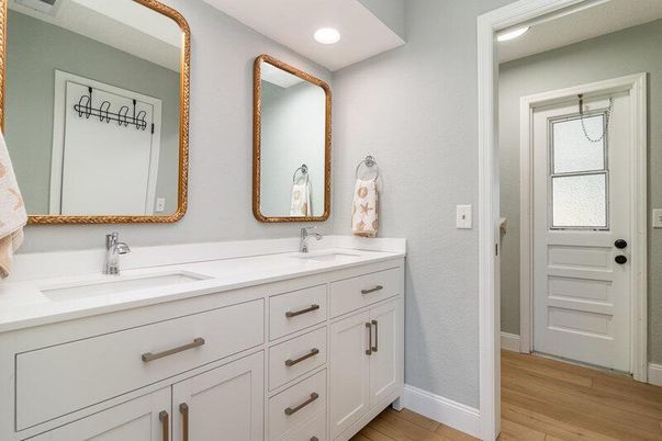 Bathroom, Dual Sink Vanities, Interior, Recessed Lighting, Wood Texture Flooring