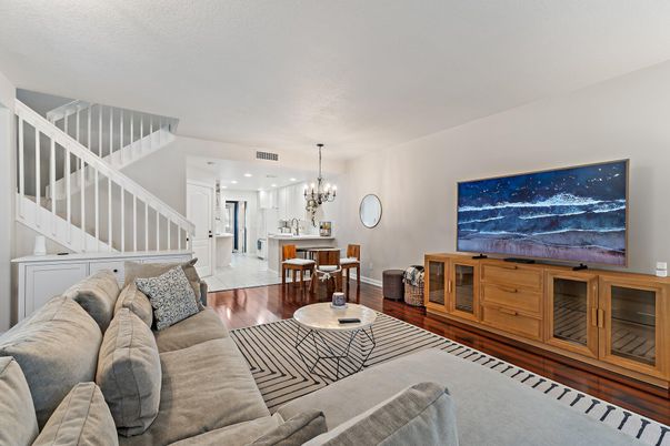 Chandelier, Dining room, Interior, Kitchen, Living room, Pendant Lights, Recessed Lighting, Wood Texture Flooring