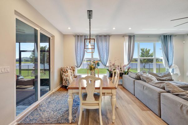 Dining room, Interior, Living room, Pendant Lights, Recessed Lighting, Wood Texture Flooring