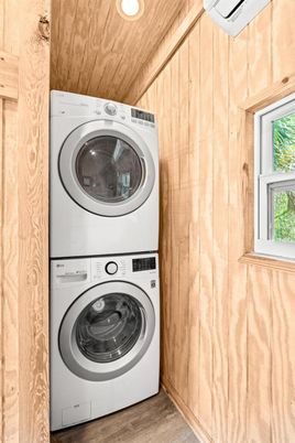 Interior, Recessed Lighting, Utility Closets, Washer, Wood Texture Flooring, Wooden Walls