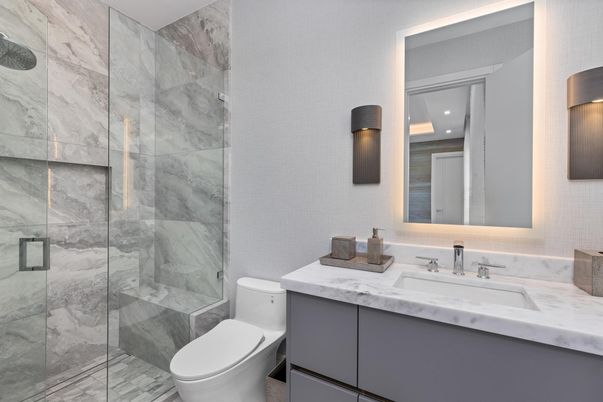 Bathroom, Glass Shower, Interior, Marble Walls, Recessed Lighting