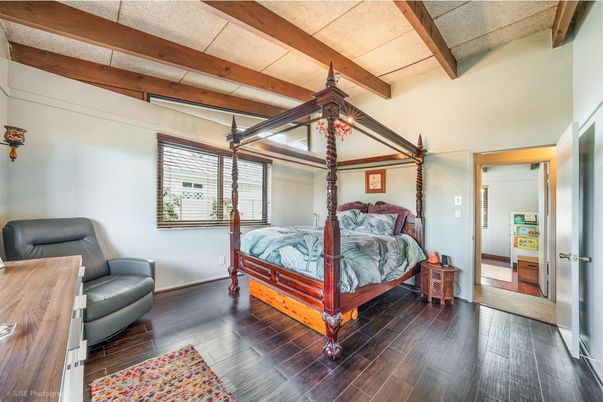 Bedroom, Interior, Pendant Lights, Wooden Beams, Wood Texture Flooring