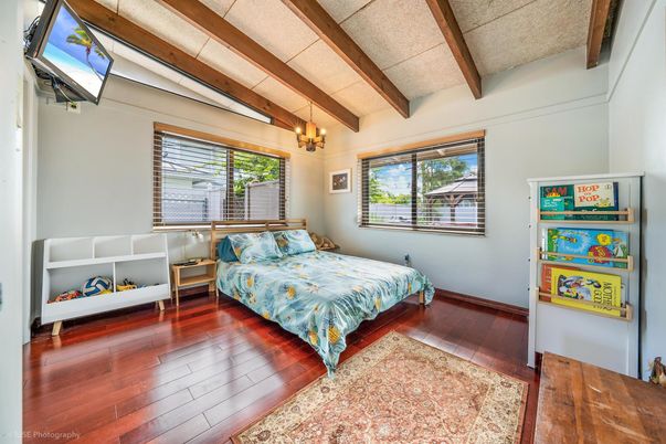 Bedroom, Interior, Pendant Lights, Wooden Beams, Wood Texture Flooring