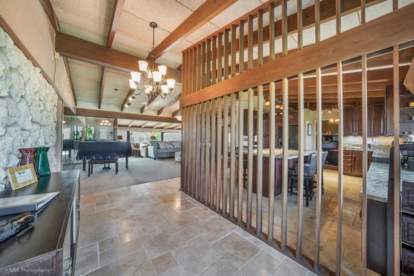 Chandelier, Interior, Piano, Stone Walls, Wooden Beams