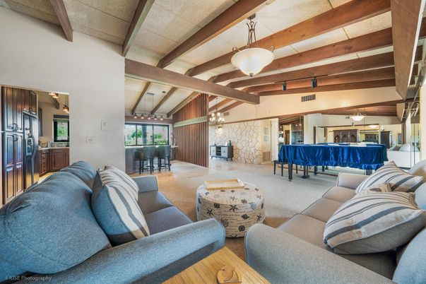 Interior, Living room, Pendant Lights, Piano, Stone Walls, Wooden Beams