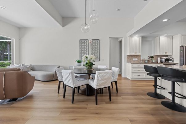 Dining room, Interior, Kitchen, Living room, Pendant Lights, Recessed Lighting, Stainless Steel Appliances, Wood Texture Flooring