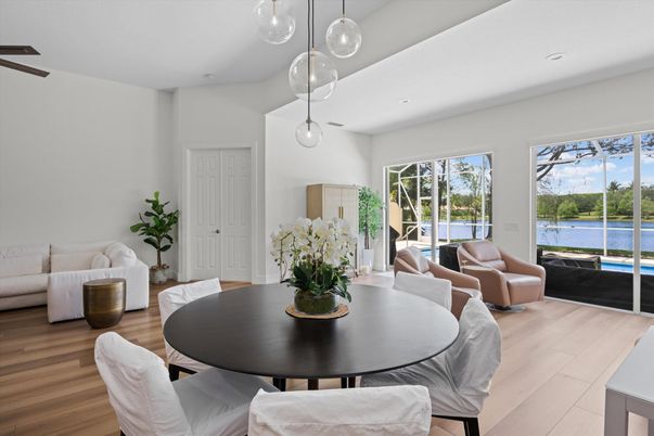 Dining room, Interior, Living room, Pendant Lights, Recessed Lighting, Water, Wood Texture Flooring