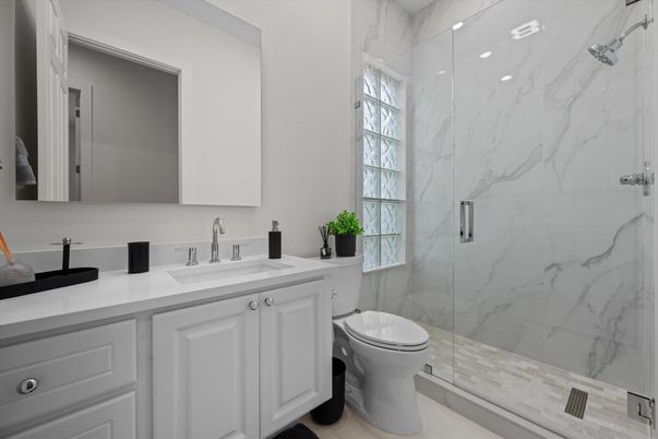 Bathroom, Glass Shower, Interior, Marble Walls