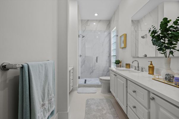 Bathroom, Dual Sink Vanities, Interior, Marble Walls, Recessed Lighting