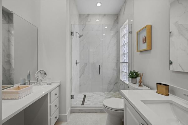 Bathroom, Dual Sink Vanities, Glass Shower, Interior, Marble Walls, Recessed Lighting