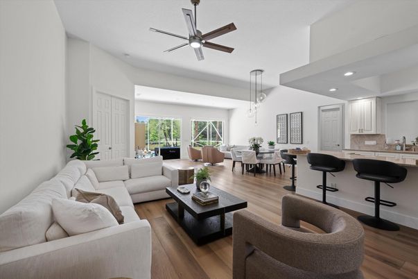 Dining room, Interior, Living room, Pendant Lights, Recessed Lighting, Wood Texture Flooring