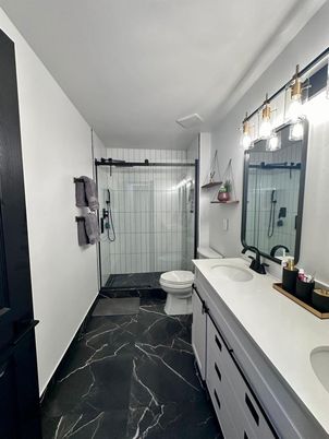 Bathroom, Dual Sink Vanities, Glass Shower, Interior, Marble