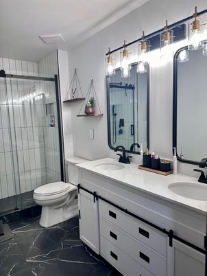 Bathroom, Dual Sink Vanities, Glass Shower, Interior, Marble
