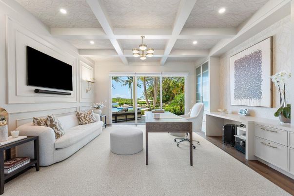 Chandelier, Home Office, Interior, Recessed Lighting, Wood Texture Flooring
