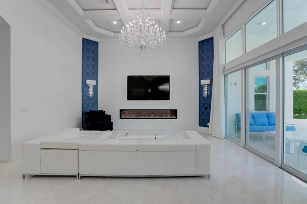 Chandelier, Fireplace, Interior, Living room, Recessed Lighting