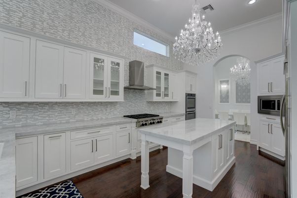 Chandelier, Interior, Kitchen, Recessed Lighting, Stainless Steel Appliances, Wood Texture Flooring