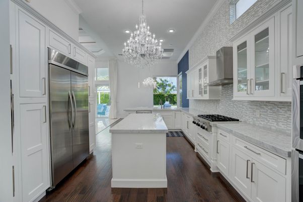 Chandelier, Interior, Kitchen, Recessed Lighting, Stainless Steel Appliances, Wood Texture Flooring