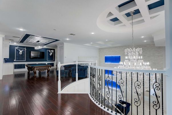 Billiard Table, Chandelier, Game Room, Interior, Recessed Lighting, Wood Texture Flooring