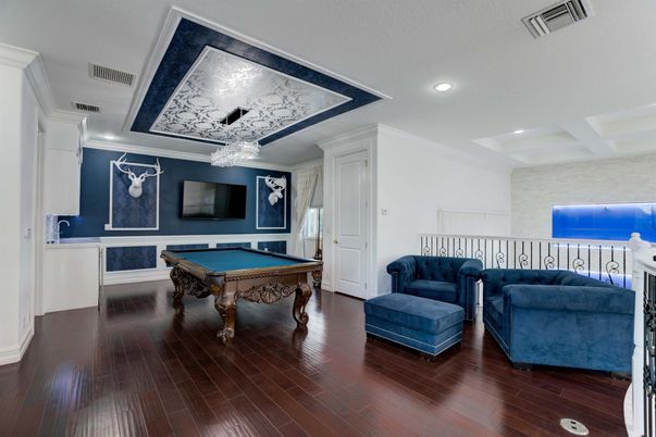 Billiard Table, Game Room, Interior, Recessed Lighting, Wood Texture Flooring