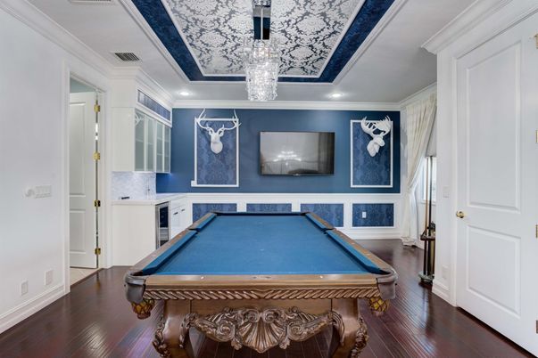 Billiard Table, Chandelier, Game Room, Interior, Recessed Lighting, Wood Texture Flooring
