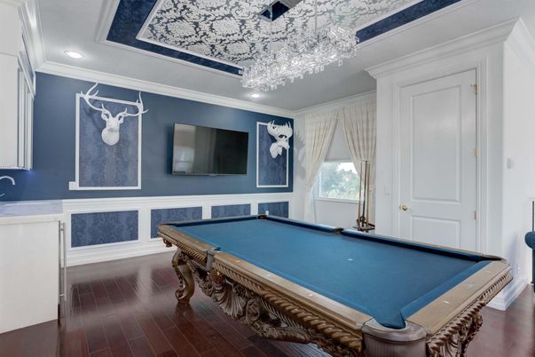 Billiard Table, Chandelier, Game Room, Interior, Recessed Lighting, Wood Texture Flooring