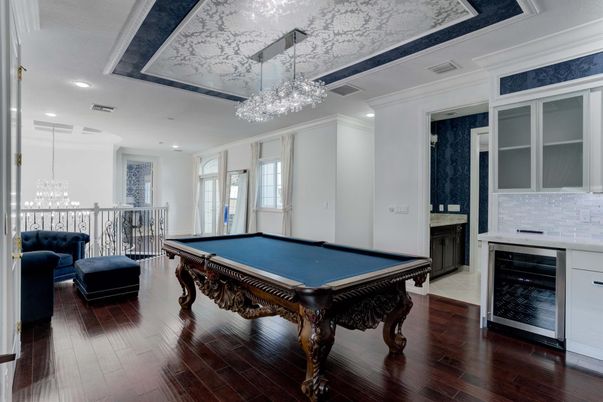 Billiard Table, Chandelier, Game Room, Interior, Pendant Lights, Recessed Lighting, Wood Texture Flooring