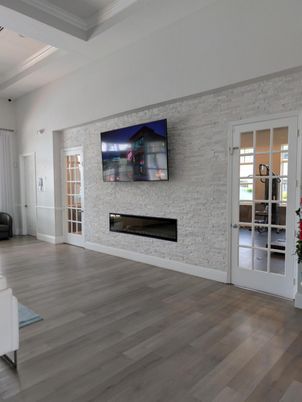 Empty room, Fireplace, Interior, Stone Walls, Wood Texture Flooring