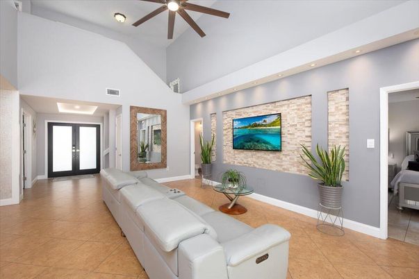 Interior, Living room, Recessed Lighting, Stone Walls