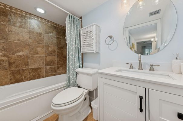 Bathroom, Interior, Recessed Lighting, Wood Texture Flooring