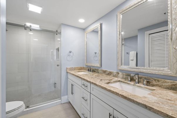 Bathroom, Dual Sink Vanities, Glass Shower, Interior, Recessed Lighting