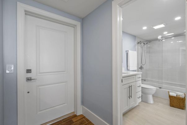 Bathroom, Glass Shower, Interior, Recessed Lighting, Wood Texture Flooring