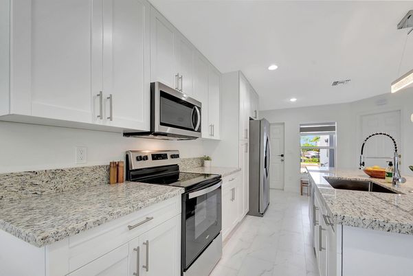 Interior, Kitchen, Marble, Recessed Lighting, Stainless Steel Appliances