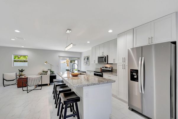 Interior, Kitchen, Living room, Marble, Pendant Lights, Recessed Lighting, Stainless Steel Appliances