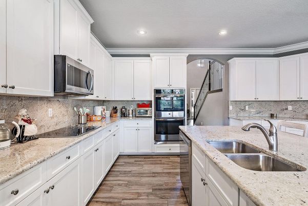 Interior, Kitchen, Recessed Lighting, Stainless Steel Appliances, Wood Texture Flooring
