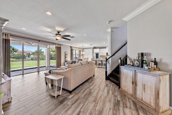 Dining room, Interior, Living room, Pendant Lights, Recessed Lighting, Wood Texture Flooring