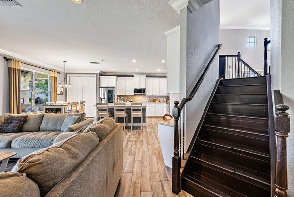 Dining room, Interior, Kitchen, Living room, Pendant Lights, Recessed Lighting, Stainless Steel Appliances, Wood Texture Flooring