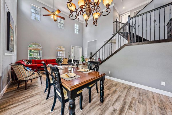 Chandelier, Dining room, Interior, Living room, Recessed Lighting, Wood Texture Flooring