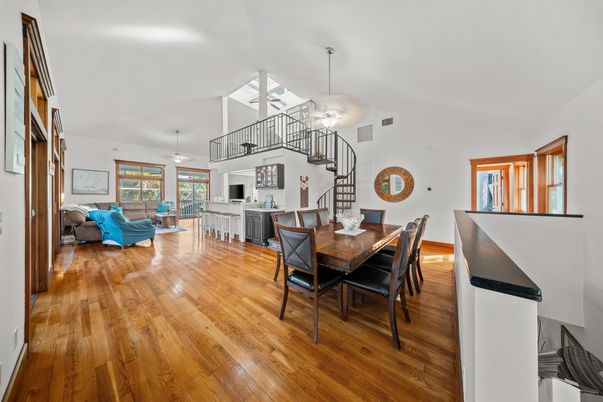 Dining room, Interior, Kitchen, Living room, Pendant Lights, Piano, Wood Texture Flooring