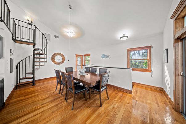 Dining room, Interior, Pendant Lights, Wood Texture Flooring